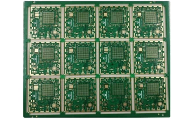Green panelized circuit boards showing repeated outlines, copper pads and tooling margins